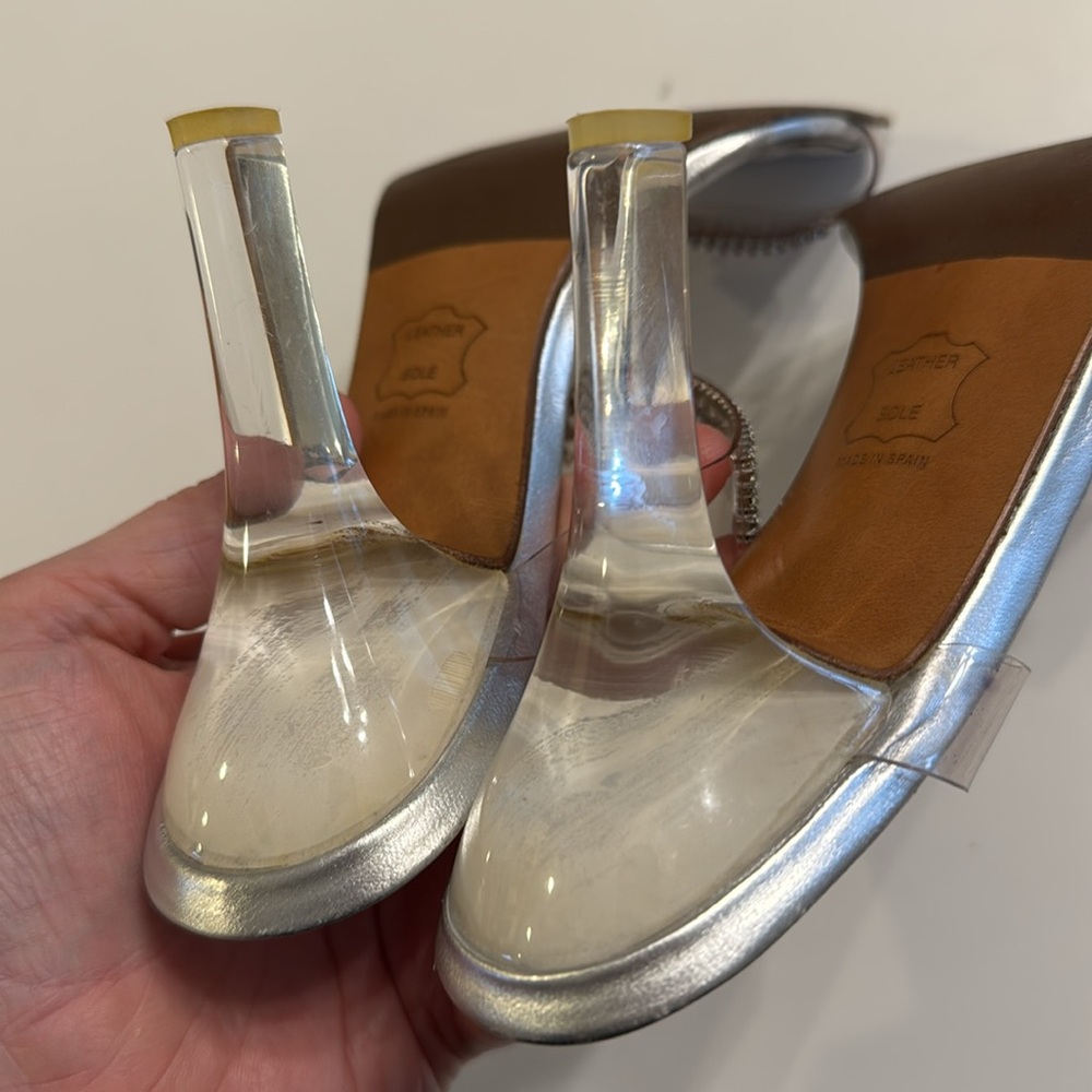 Stuart Weitzman Aleena Crystal Lucite Rhinestone Slide Heels Sandals Size 8 EUC - Picture 8 of 14